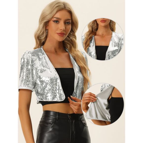 Sequin Shrug Puff Short Sleeve Open Front Glitter Cropped Jackets silver - Picture 2 of 5